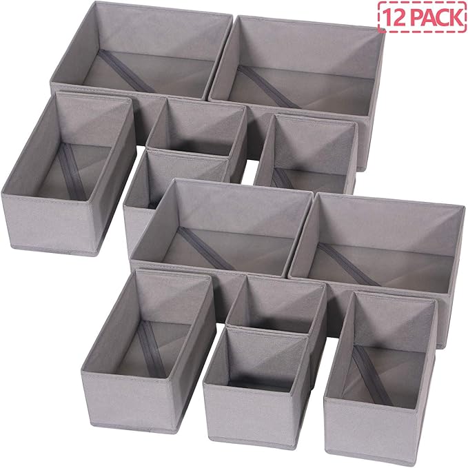 DIOMMELL 12 Pack Foldable Cloth Storage Box Closet Dresser Drawer Organizer Fabric Baskets Bins Containers Divider for Baby Clothes Underwear Bras Socks Lingerie Clothing,M Grey 444