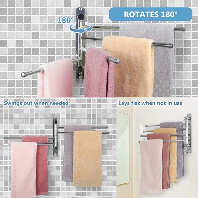 Bathroom Towel Rack JSVER 4 Arms Swivel Towel Holder, Towel Bar Wall Mounted, SUS304 Stainless Steel Space Saving Towel Rack, Towel Racks for Bathroom, Kitchen
