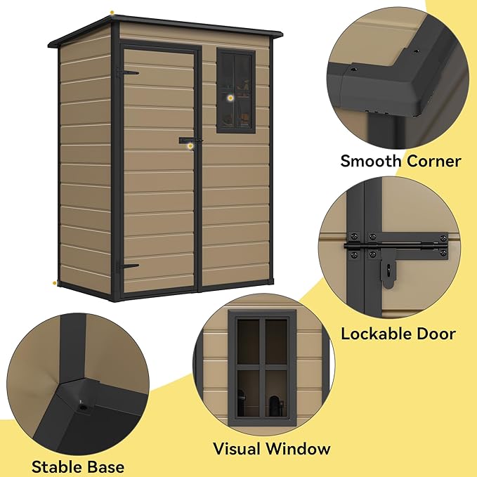 DWVO 5x3ft Resin Outdoor Storage Shed with Floor, Waterproof Lockable Storage Shed with Window, Plastic Outside Tool Storage for Garden Backyard Patio Lawn