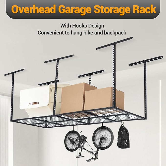 GarveeHome 3x8 ft Garage Ceiling Storage Racks, Overhead Garage Storage Rack Organization, Adjustable Ceiling Mounted Storage Racks, 600LBS Weight Capacity, Metal Garage Storage Organization Systerm