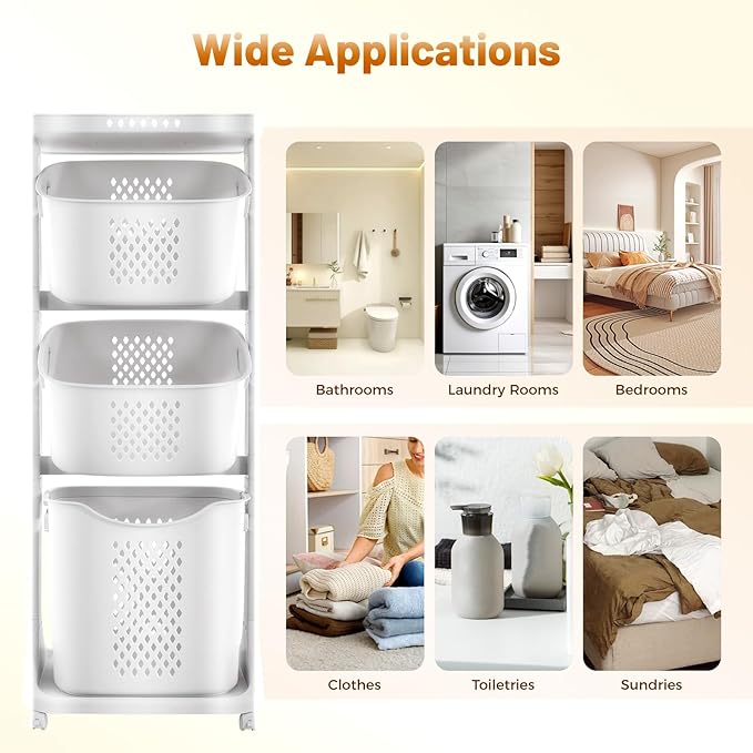 Laundry Basket, 3 Tier Sorter Clothes Storage Hampe Organizer Shelf Rolling Cart, Dirty Clothes Basket Laundry Basket with 4 360° Pulley, 55.12Lbs Load Porous Design