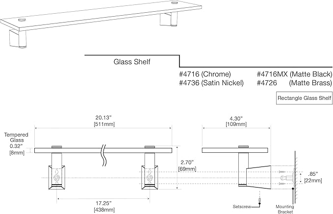 Gatco 4716 Bleu Glass Shelf, Chrome/Wall Mounted 20.13" X 4.30" Tempered/Floating Rectangle Glass Shelf for Bathroom