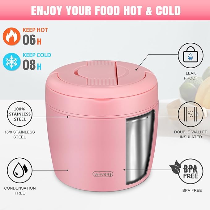 Thermo Food Jar for Hot Food Adults 32OZ Soup Thermo Lunch Containers Wide Mouth Vacuum Insulated Stainless Steel Leakproof Bento Box with Spoon (Pink2)