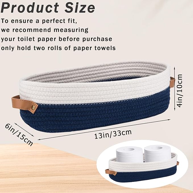 1 Pack Small Woven Storage Basket for Toilet Tank Top, Bathroom Countertop Organizer Cotton Rope Toilet Paper Storage Decorative Basket 13"x6"x4"(Navy/White)