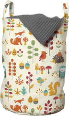 Ambesonne Cartoon Laundry Bag, Autumn Pattern Owl Fox Squirrel Birds Animal Leaves Print, Hamper Basket with Handles Drawstring Closure for Laundromats, 13" x 19", Cream Orange