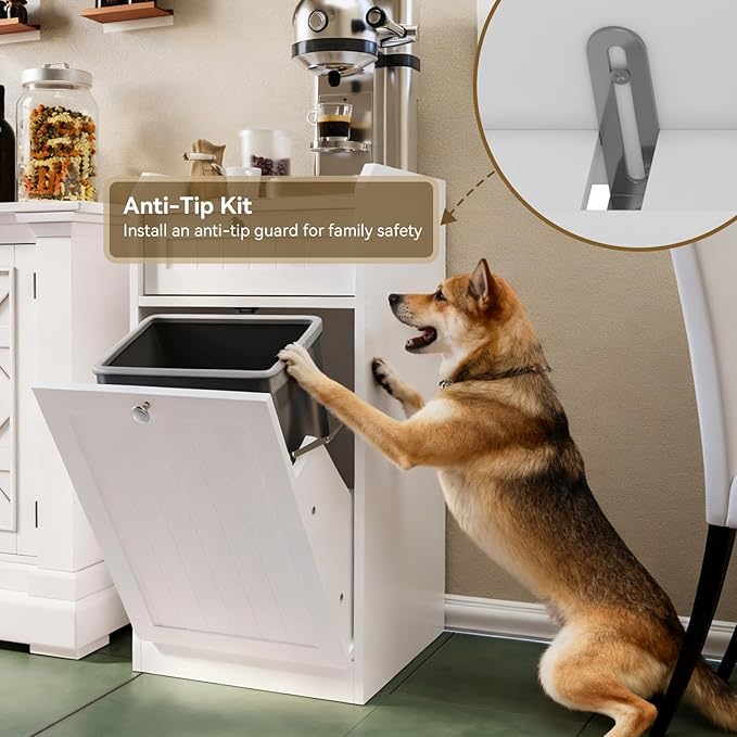 Single Tilt Out Trash Can Cabinet, Dog-Resistant, Fits 13.8"H Bins (Max 11.8"x11.8" Base), Easy Assembly, White for Kitchen & Laundry