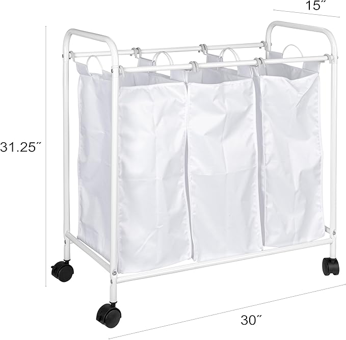 Household Essentials Rolling Triple Laundry Sorter, White