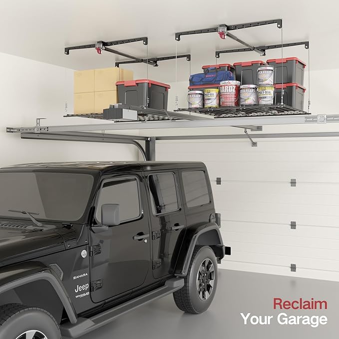 Overhead Garage Storage Lift, Heavy-duty 4x4 Ft Garage Ceiling Storage Racks with Safety Lock, Ideal for Ceiling Storage Lifting Organization System, 250lbs Capacity