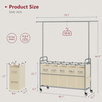 Tajsoon Laundry Sorter with Hanging Bar, 5 Bag Laundry Sorter with Wheels, 246L (65 Gal.) Laundry Hamper with Adjustable Hanging Rack, Laundry Room Organization and Storage, Beige