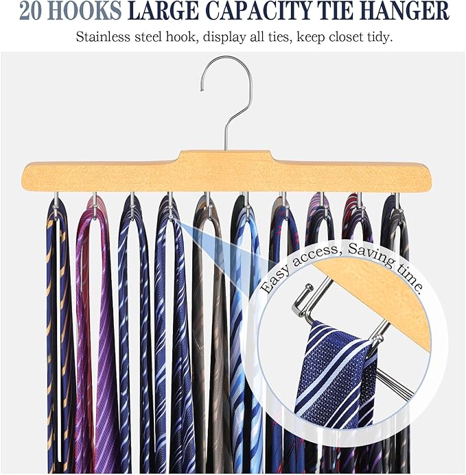 Tie Rack Hanger for Closet Fitnice Upgraded Non Slip Tie Holder Organizer Space Saving with 20 Foldable Hooks Wooden Belt Hanger for Tank Tops Bras Cami Scarves
