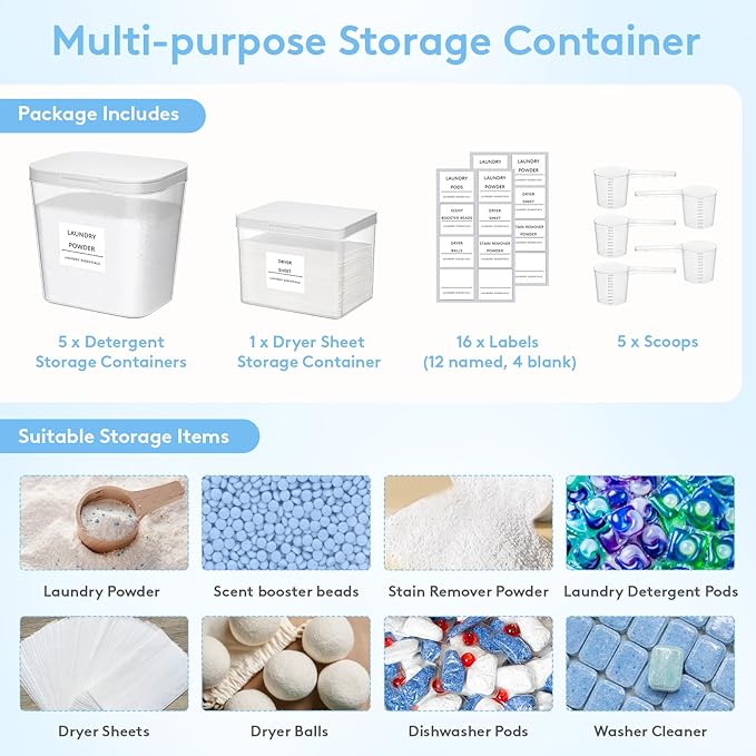 Lifewit Laundry Pods Container with Pop-up Lid, Laundry Room Organization, Dryer Sheet Holder for Washing Powder Scent Booster Beads, 2700 +2000ml/0.72+0.5gal,6 Pcs