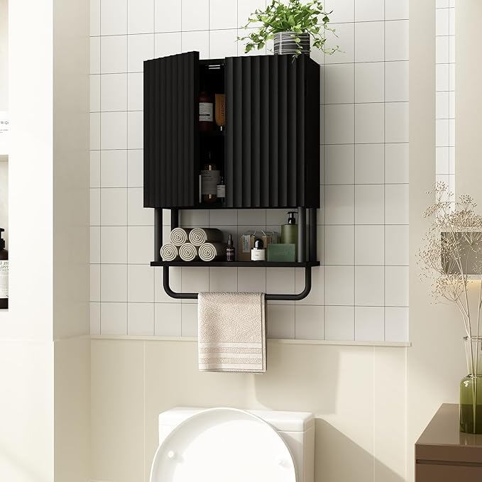 RUSTOWN Fluted Bathroom Wall Cabinet with 2 Doors, 3-Tier Modern Farmhouse Medicine Cabinet, Over The Toilet Storage Cabinet with Adjustable Shelf and Towel Bar(Black, Small)