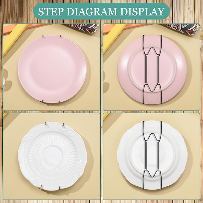 Hotop 12 Pieces Plate Hangers for Wall Stainless Steel Wire Invisible Heavy Duty Plate Hangers Display Holders with 12 Pieces Hooks for Wall Decorative(6/8/10 Inch,Black)