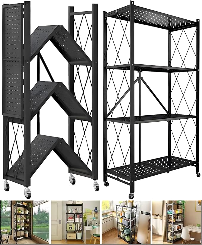 4-Tire Storage Shelves Organizer, Foldable Metal Garage Shelving, Portable Closet Shelving Unit, 28" x 13" x 48" Kitchen Bakers Rack Microwave Stand on Wheels (Tiered Shelf-4)