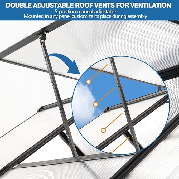 Polycarbonate Greenhouse with Rain Gutter and Roof Vent, Raised Base and Anchor Aluminum Heavy Duty Walk-in Green House, Outdoor Patio Sunroom with Sliding Door (Black, 122.44*74.8*76.77in)
