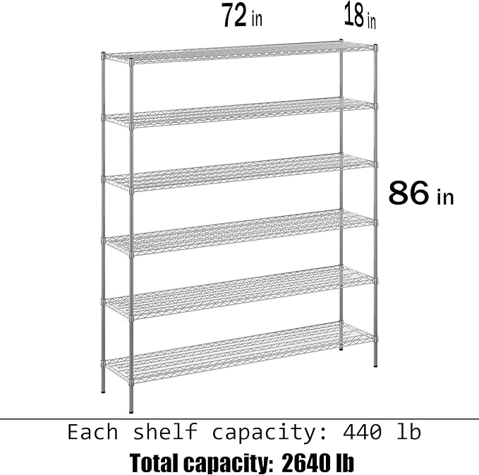18" Deep x 72" Wide x 86" Height Wire Shelving Kit | 6-Tier | NSF Commercial Storage Rack Unit