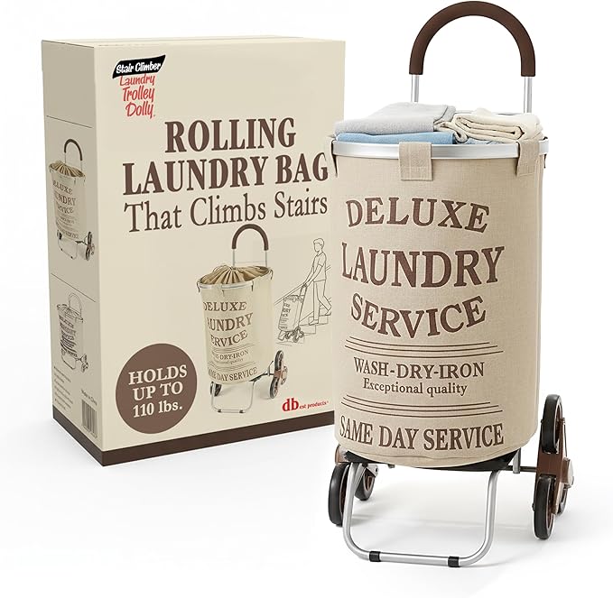dbest products Stair Climber Laundry Trolley Dolly, Beige Laundry Bag Hamper Basket cart with wheels sorter
