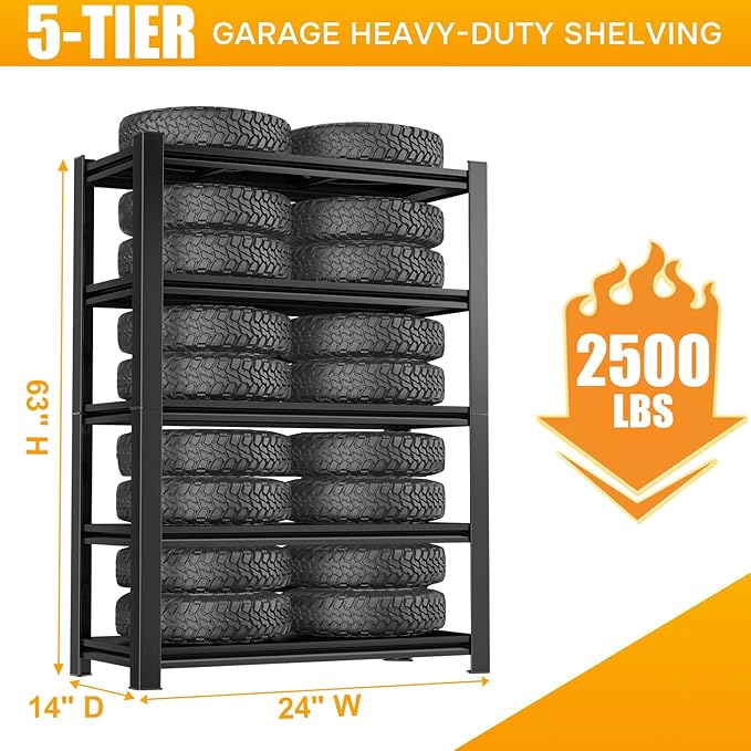 5 Tier Shelving Unit, Heavy Duty Metal Garage Shelves for Storage, Adjustable Standing Shelf Units for Basement Organizer, 24" W x 14" D x 63" H