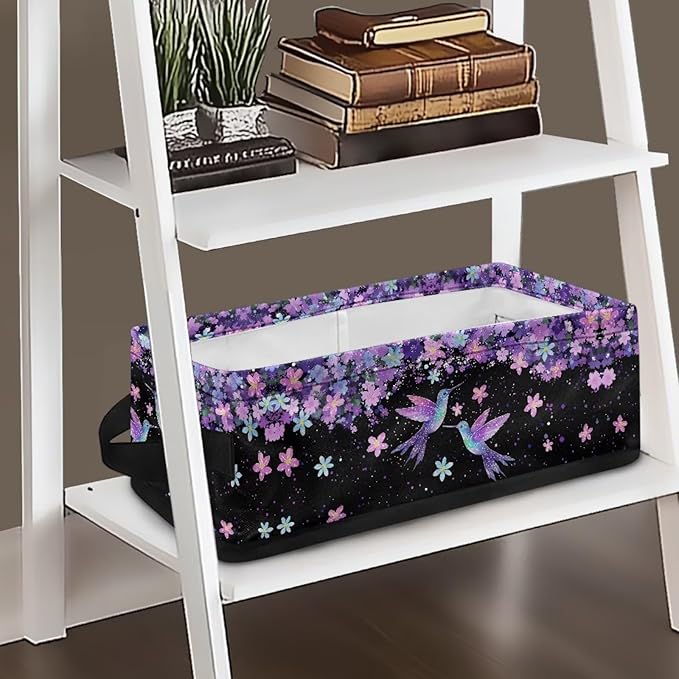 Narrow Storage Bin Toilet Tank Topper Baskets Universal Fabric Baskets Rectangular Foldable Storage Caddy Container for Towels Bathroom Essentials, Blue Violet Hummingbird Flower Black