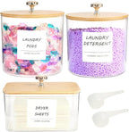 3 Pack Laundry Room Organization Storage Containers, Plastic Clear Laundry Pods Container & Dryer Sheet Holder Jars with Lids, Scoops & Labels for Detergent, Powder, Dryer Balls, Beads