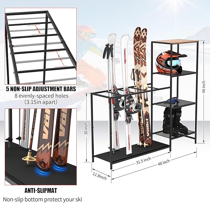 Freestanding Ski Rack, Ski Storage Rack w/Width-Adjustable Bars, Ski & Snowboard Rack Organizer for Garage, Home