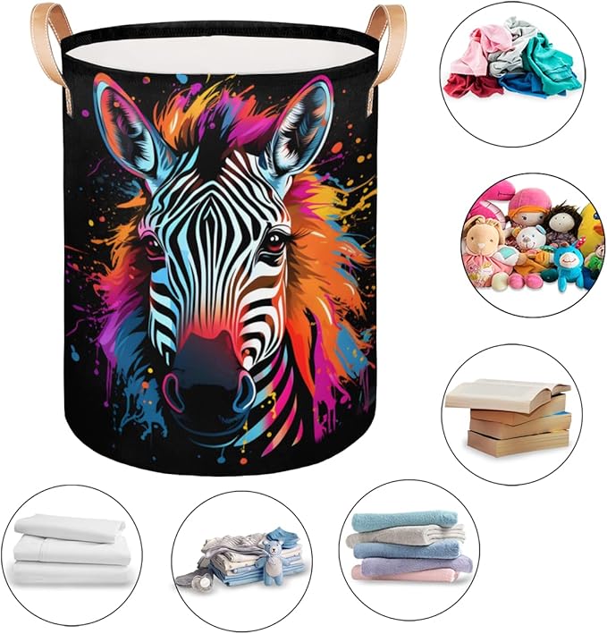Colorful Animal Zebra Collapsible Laundry Basket Large Laundry Hamper Waterproof Foldable Storage Bins Laundry Basket with Leather Handles Clothes Nursery Hampers