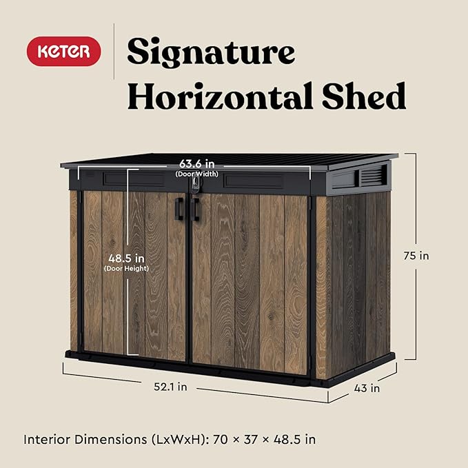 Keter Signature Collection All Weather Outdoor Storage Shed – Durable Resin Garden Shed with Built‑in Ventilation, & Lockable Double Doors – Walnut Finish