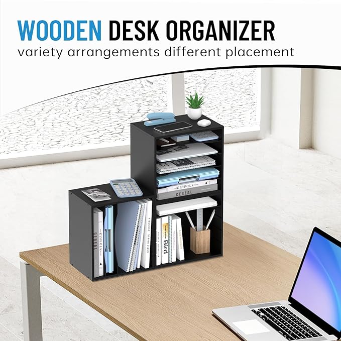 5-Tier Wood Desk Organizer, Paper Tray Organizer for Desk with Adjustable Storage Shelves, Desktop File Organization Paper Sorter Mail Holder for Office Home Classroom, Black