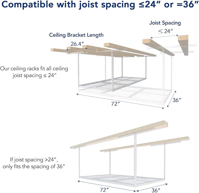 FLEXIMOUNTS 3x6 Overhead Garage Storage Adjustable Ceiling Storage Rack with 4-Pack Add-On Storage Flat Hook Accessory, 72" Length x 36" Width x 40" Height Storage Rack, White