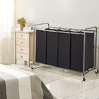 STO STO Laundry Sorter 4 Section, 4 Bag Clothes Hamper, Rolling Laundry Cart Basket with Heavy Duty Lockable Wheels and Removable Bag for Laundry Room, Bedroom, Closet, Black
