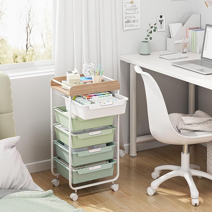 Utility Cart with Drawers,Craft Cart with 5 Drawers,Art Supply Organizer,Rolling Drawer Cart,Craft Storage Cart,Storage Drawer Carts With DIY Lable and Wooden Tabletop Area,Green