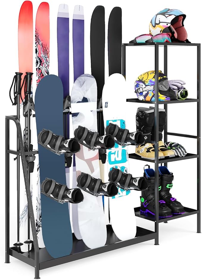 Ski Storage Rack, 48" x 12" x 46", Heavy Duty Freestanding Steel Ski Organizer for 4-Pair Skis, Snowboard, Boots, Poles, Helmet & Goggles, Floor Stand Skis Holder for Garage, Basement & Mudroom