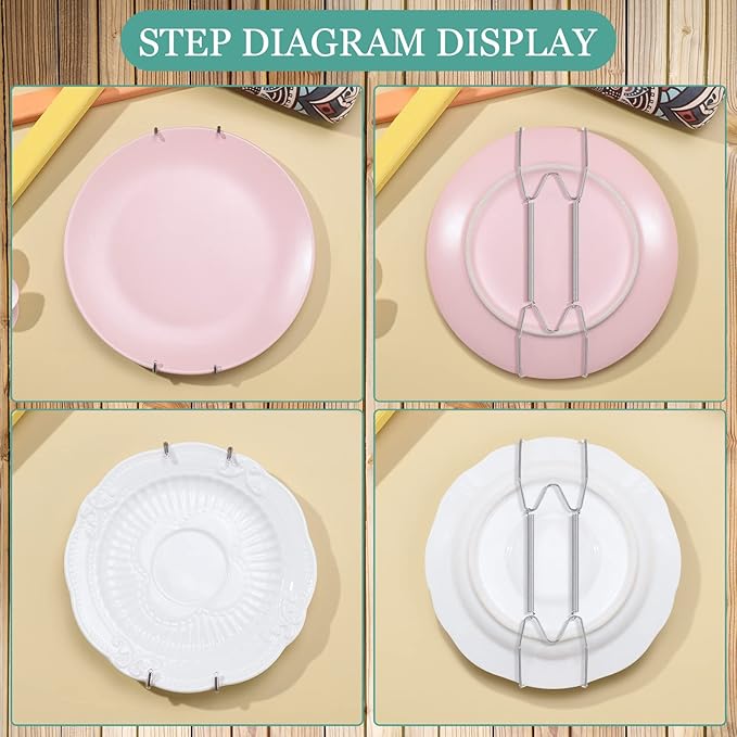 Hotop 12 Pieces Plate Hangers for Wall Stainless Steel Wire Invisible Heavy Duty Plate Hangers Display Holders with 12 Pieces Hooks for Wall Decorative(8/10/12 Inch,Silver)