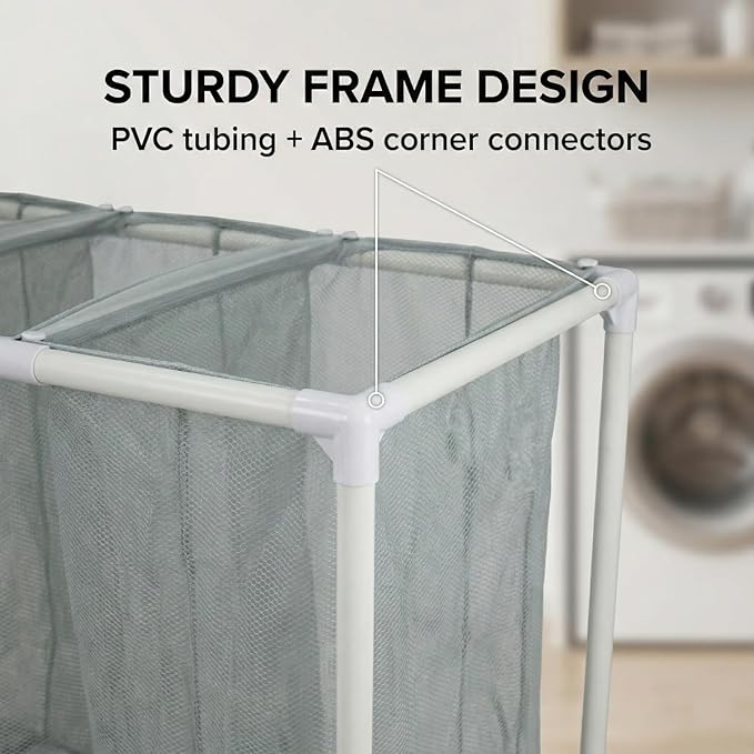 3-Bag Mesh Rolling Laundry Sorter Cart, Soft Silver, Removable Washable Bags, Easy-Roll Casters, Rust-Resistant PVC Tubing Frame w/ABS Corners, 29.5 x 19 x 30.5 in, for Dorm & Laundry Room
