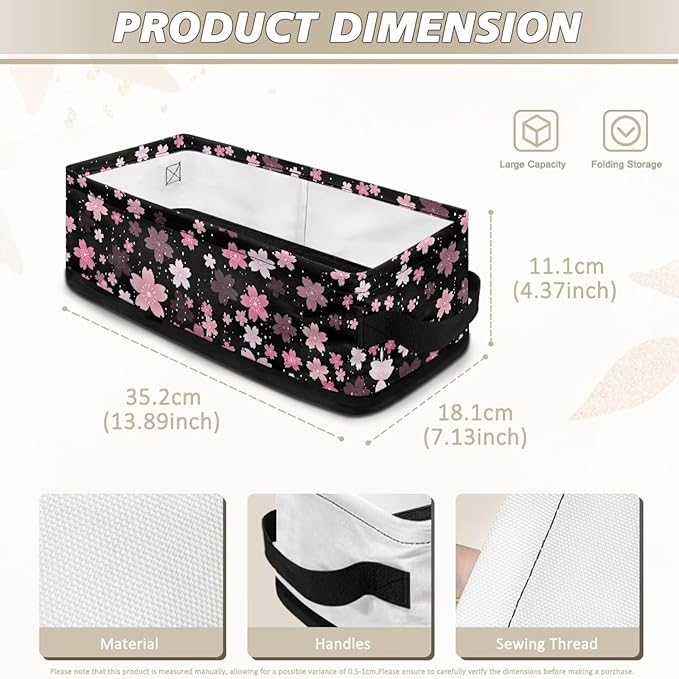 Storage Bins Collapsible Organizer Rectangular Toilet Paper Basket Lightweight Toiletries Organizer for Bathroom Kitchen Office Accessories and Decor, Pink Cherry Blossom Black