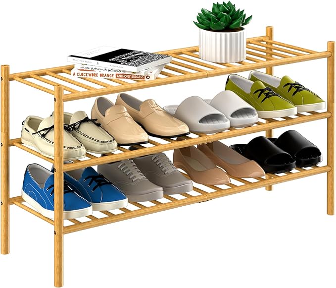 3-Tier Bamboo Long Shoe Rack, Free Standing Wood Shoe Shelf Storage Organizer for Closet Entryway Stackable 35"x11"x20" (Natural)
