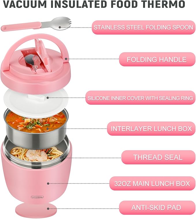 Thermo Food Jar for Hot Food Adults 32OZ Soup Thermo Lunch Containers Wide Mouth Vacuum Insulated Stainless Steel Leakproof Bento Box with Spoon (Pink2)