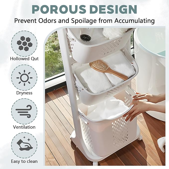 4-Tier Rolling Tiered Laundry Basket Organizer,Vertical Laundry Sorter with Wheels,Stacked Basket Holder for Bathroom & Laundry Room, White (54 Inch)