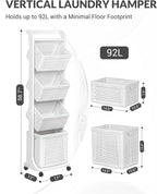 4 Tier Laundry Basket Organizer, 92L Vertical Laundry Hamper, Removable Rolling Sorter Baskets With Wheels for Small Space, Dorm, Bathroom, Bedroom