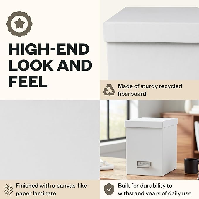 Bigso John Fiberboard Label Frame Desktop File Storage Box - Document Organizer for Important Paperwork - Durable Hanging File Box with a Lid & Metal Label Window - 7.36 x 13.38 x 10.51 in - White