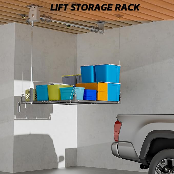 Garage Ceiling Storage Racks,4x4 FT Garage Storage Lift with Secure Lock,Heavyweight Overhead Rack for Easy Up Down,Industrial Elevator System Holds 400 Lbs