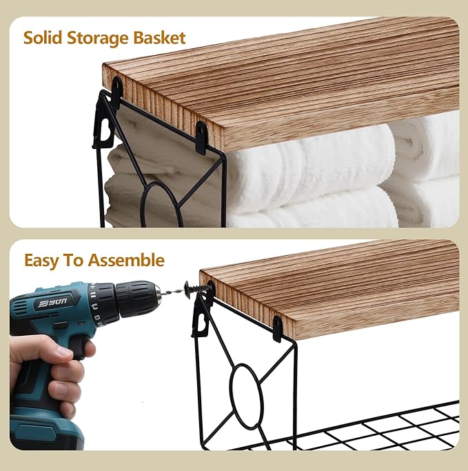 Bathroom Shelves Over Toilet Set of 3, 15.8 inch Floating Shelf with Storage Basket, Floating Shelves for Wall, Wood Wall Mounted Shelf for Bathroom Living Room Bedroom Kitchen, Rustic Brown
