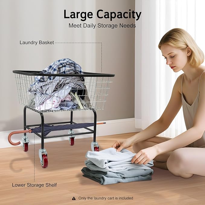 Steel Wire Laundry Cart, 20 X 15.7 X 26In Laundry Basket Sorters with 4 Universal Wheels and Detachable Basket, Commercial Free Standing Heavy Duty Rolling Basket Cart for Bathroom Hotel