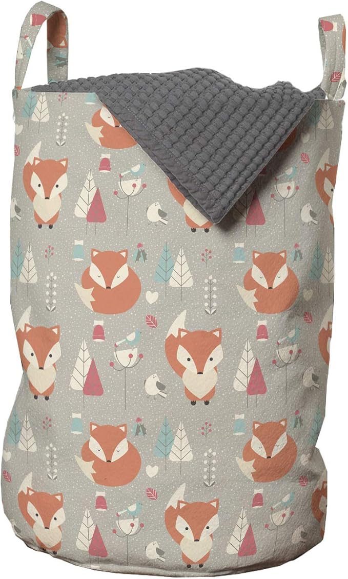 Ambesonne Fox Laundry Bag, Woodland Animal with Birds and Fir Trees Winter Season Flora and Fauna, Hamper Basket with Handles Drawstring Closure for Laundromats, 13" x 19", Orange Grey