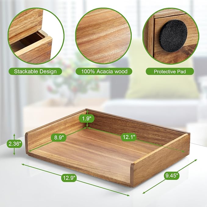 DRASTAR Stackable Paper Tray, Acacia Wooden Letter Tray, Paper Organizer for Desk, File Organizer Document Tray, Paper Holder for Office Desk Accessories