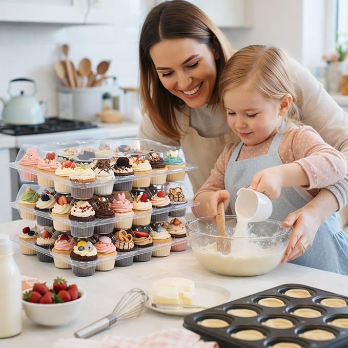 (24 Count x 10 Sets Plastic Cupcake Containers with Liners, Clear Cupcake Holder with Lids, Disposable Cupcake Carrier for Bakery, Cupcake Storage Box for Parties, Bake Sale Packaging