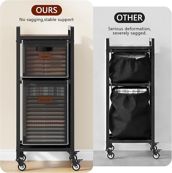 FAVOOSTY Laundry Hamper with Wheels, 70L Laundry Basket Organizer, Laundry Hamper with Shelf, 2 Section Laundry Sorter for Laundry Room Organization, Bathroom Shelf Black