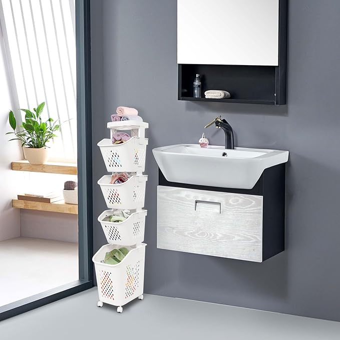 Laundry Hamper Basket Sorter, Multi-Tier PP Laundry Sorter Cart with 4 Wheels, Removable Rolling Laundry Baskets, Heightened Fence, Elevated Bottom (4-Tiers 15.1x52in)