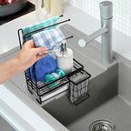 Kitchen Sink Caddy with 3 Dishcloth Drying Racks, Sponge Holder Rag Stand with Drain Pan, Metal Sink Storage Organizer with Removal Basket for Brush, Towel, Scrubber, Dish Rag, Black