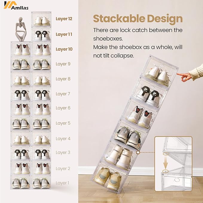 12 Pack Clear Shoe Boxes Stackable,Shoe Storage Boxes for Closet,Sturdy Shoe Box Storage Containers with Clear Door,Sneaker Storage,Easy to Assemble,Fit up to US Size 12(13.8”x 9.84”x 7.1”)